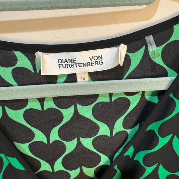Diane Von Furstenberg Long Sleeve Faux Wrap Midi Dress Green Black Sz 16 no belt - Picture 6 of 14